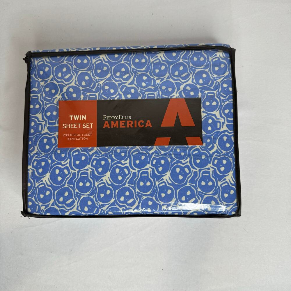 Perry Ellis American Twin Skull Sheet Set 200 Thread Count Blue/White New Rare‎